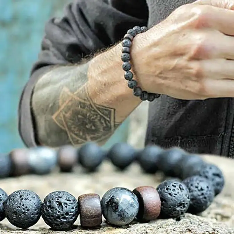 Bedelarmbanden 8 mm vulkanische stenen armband voor mannen lava houten kralen Tibetaanse boeddha mannelijke polsketen sieraden handgemaakt elastiek