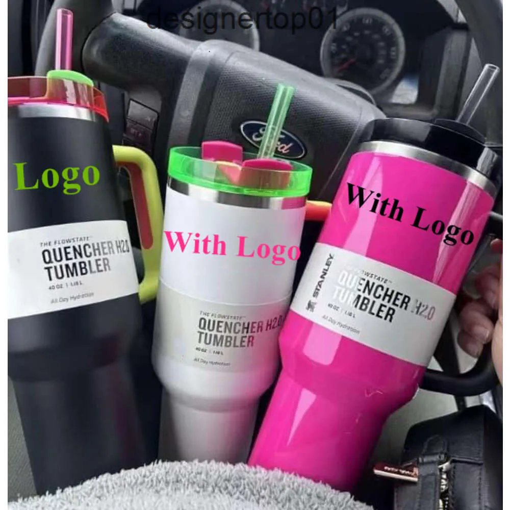 Stanleiness Neon Pink Orange Yellow Green QUENCHER H20 40oz Stainless Steel Tumblers Cups with Silicone handle Lid And Straw Cosmo Pink Car mugs Water Bottles 0 SA13