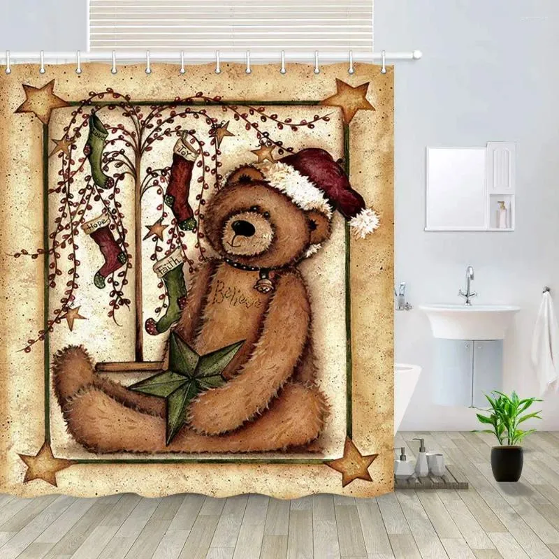Duschvorhänge lustiger Cartoonbär mit Weihnachtshut und Wunschbaum für Jahr