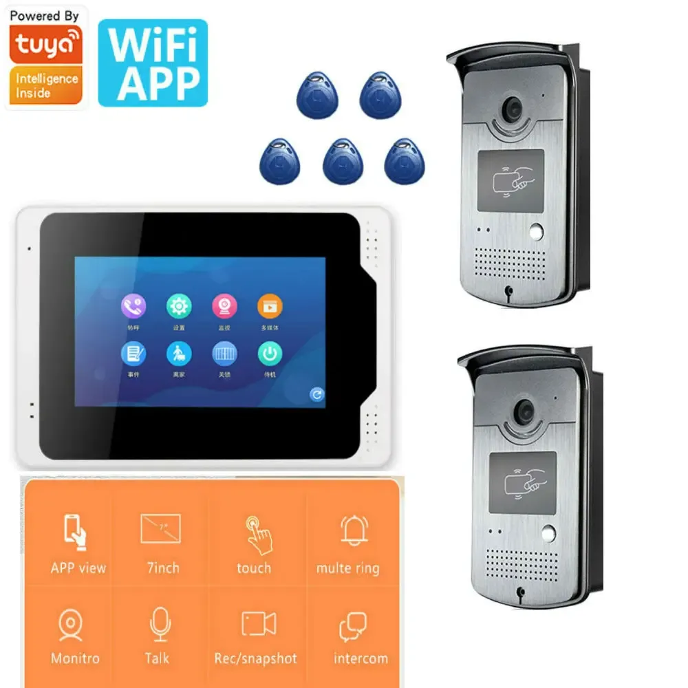 Caméras Tuya 2 Caméra 7 pouces Wired WiFi Video Door Phone Door System Interphone Entry System avec HD 1080p Rifd Camera Night Vision