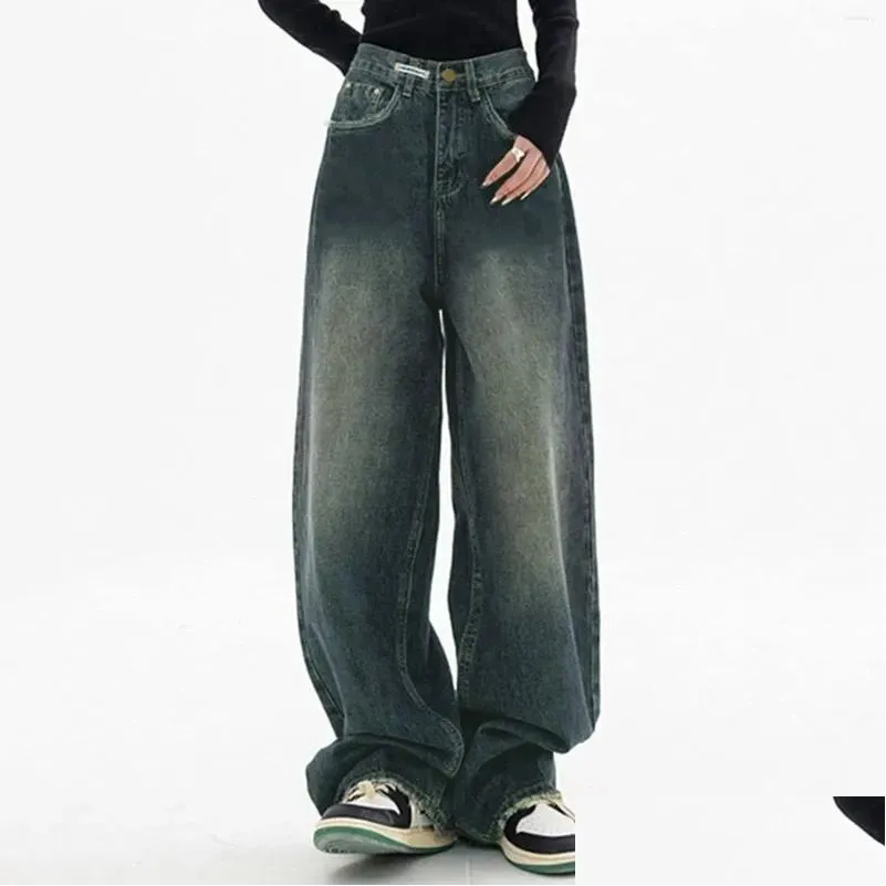 Jeans pour femmes en jean tendance veste pantalon baggy avec une taille élevée e girl streetwear mode vintage denim lâche baisse droite otl1h