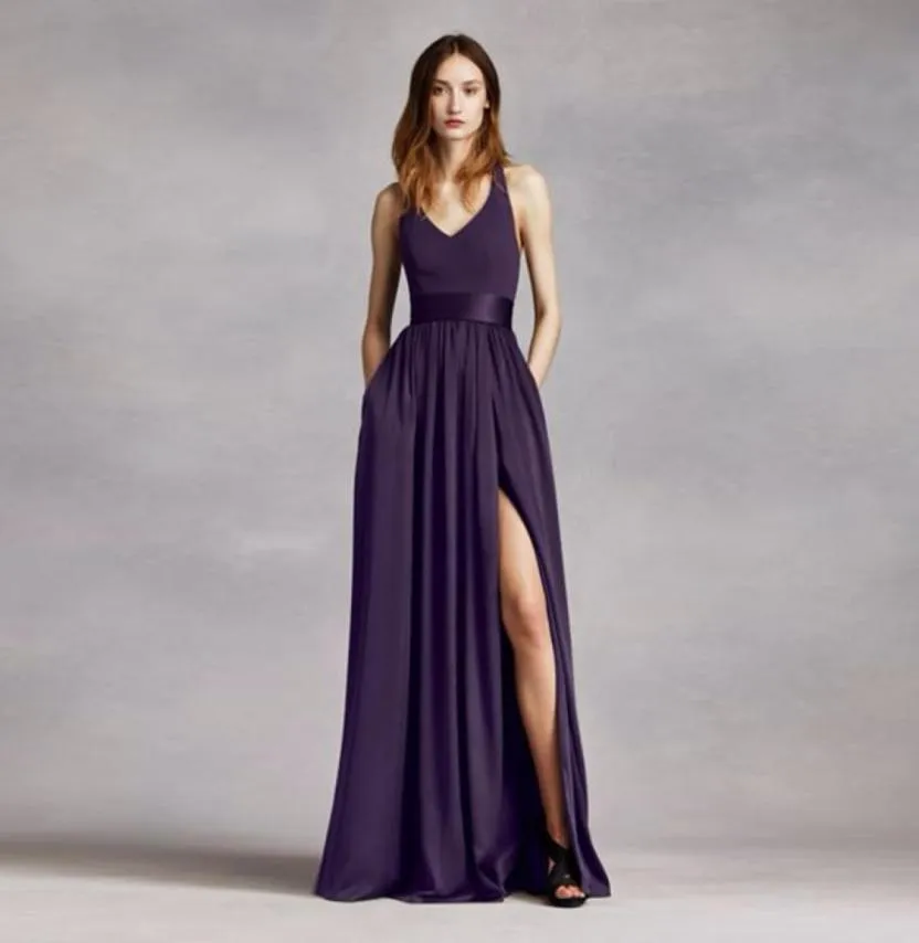 V Neck Halter Neckline Chiffon Front Slit Bridesmaid Dress VW360214 with Sash Wedding Party or Any Special Event7735638