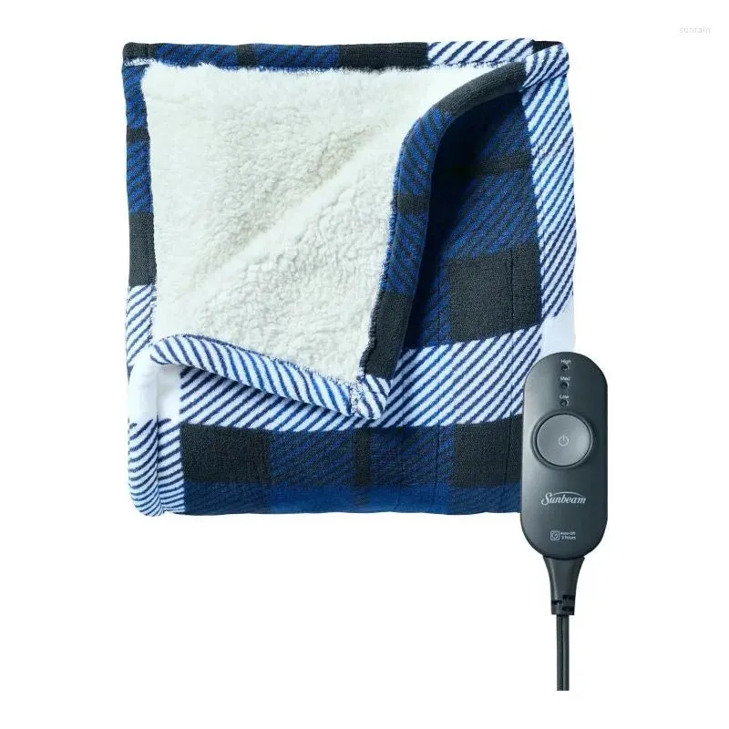 ブランケットサンビーム電気投げ毛布マイクロプラッシュとシェルパ - 青/黒い格子縞のベッドの加熱