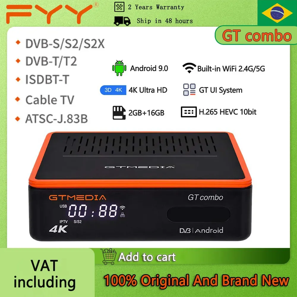 Box 4K/8K Android 9.0 TV -låda GTMedia GTCOMBO Satellit -TV -mottagare DVBS2 T2 C Terrestrial Decoder H.265 10bit inbyggd i 2,4G/5G WiFi