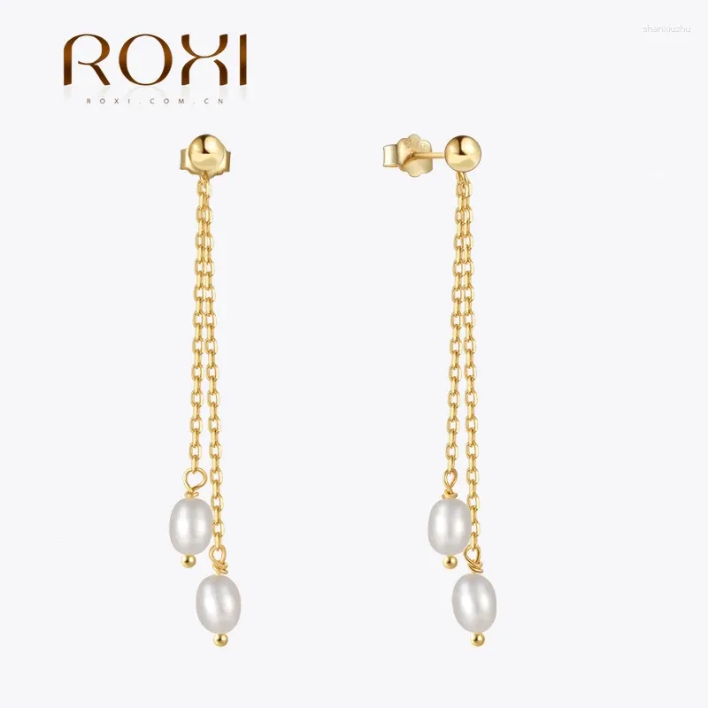 Stud Earrings ROXI 925 Sterling Silver Double Chain Tassel Ear Studs Earring Elegant Round Pearl Dangle For Women Jewelry