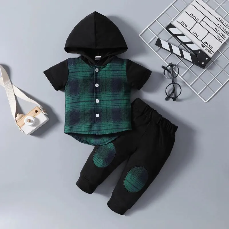 Clothing Sets 0-4Y Toddler Baby Boys Summer Outfits Short Sleeve Button Down Hooded Plaid Shirt Tops Pants Set Two Piece Clothes