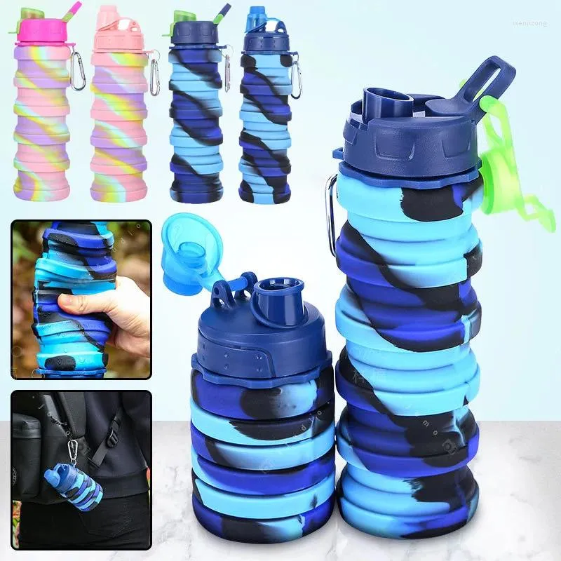 Water Bottles 500ml Folding Bottle Retractable Silicone Portable Outdoor Travel Camping Drinking Cup With Carabiner Sport