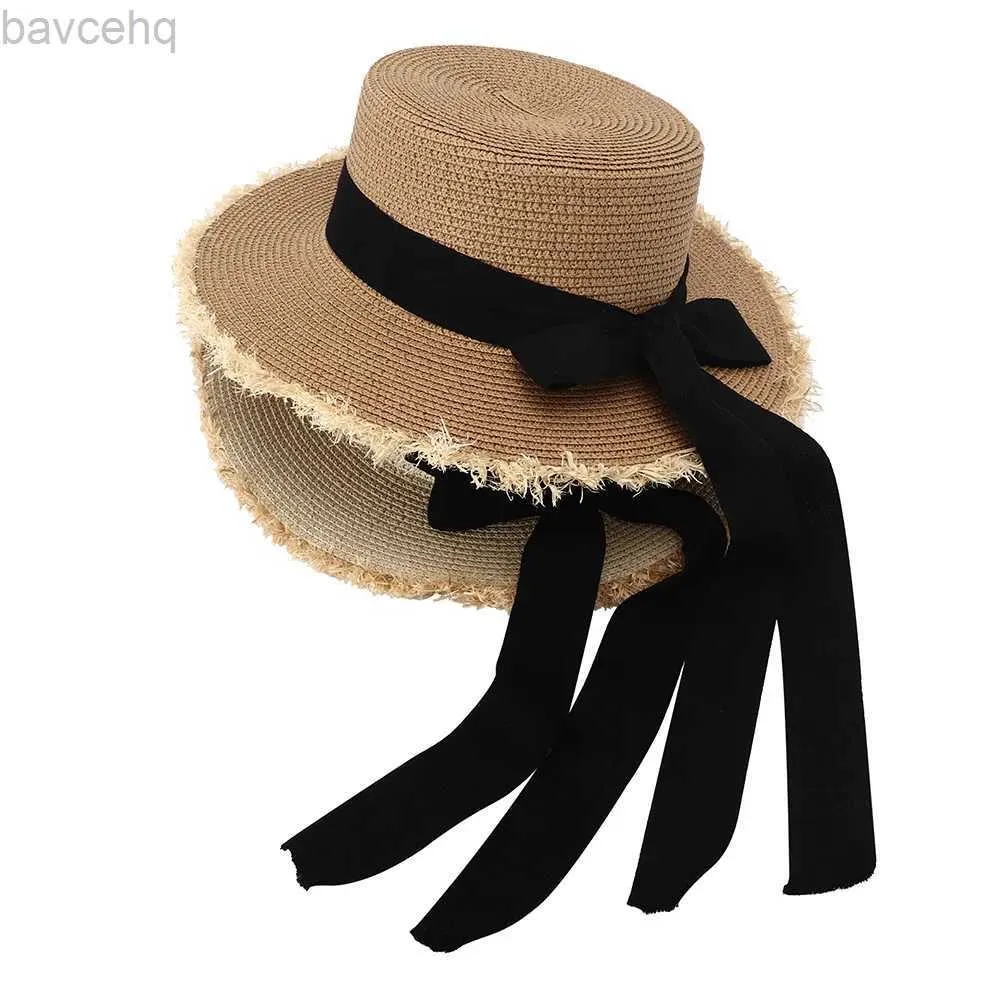 Breda randen hattar hink hattar Sommarsolskydd Big Straw Hat Women Long Black White Ribbon Bonnet Wide Brim Sunvisor Hats For Woman Beach Accessories 240407