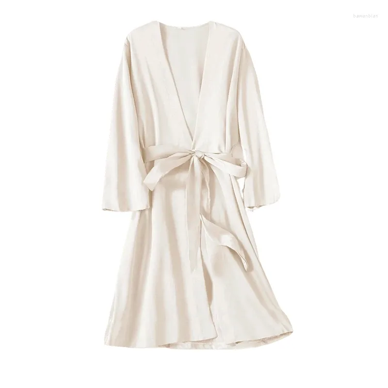 Hemkläder beige brud bröllopsklänning kvinnor solid satin mantel silkeslen kimono badrock sommar nattklänning sexig nattkläder loungewear