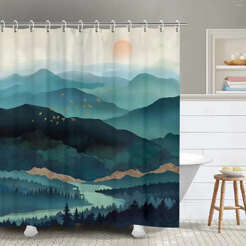 Douchegordijnen berglandschap voor badkamer natuur aquarel mistige bos rivier zonsondergang waterdichte stof badkuip decor set