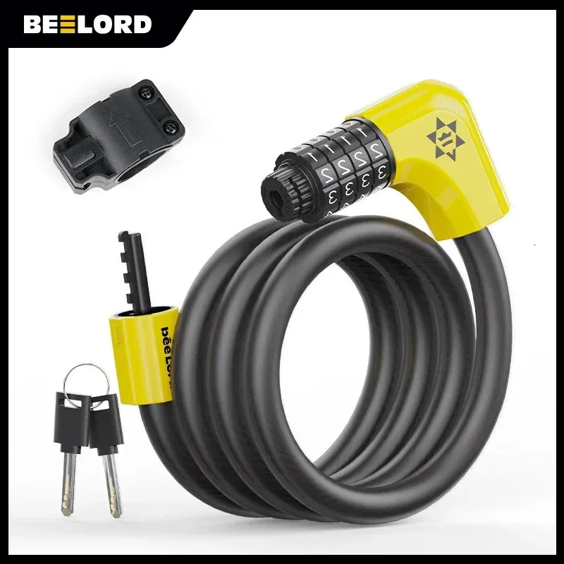 BEELORD Bike Cable Lock with 4Digit Code Password Coiled Secure 2 Key AntiTheft Security Combination Bracket Bicycle 240401