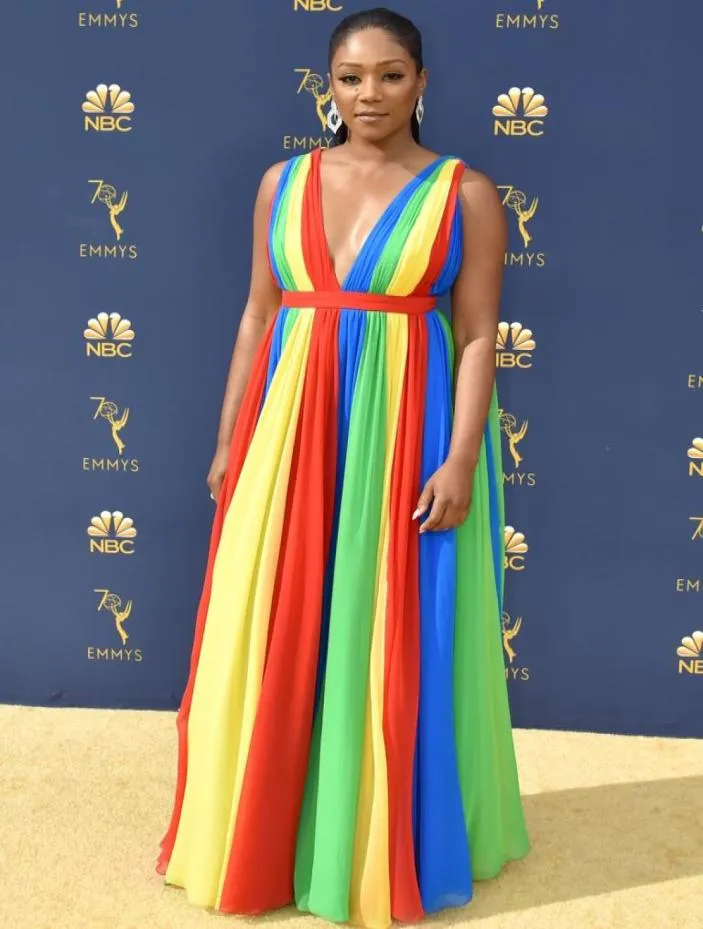 Robes de soirée de taille plus une ligne Longueur du sol V Couc-en-ciel Robe de bal colorée