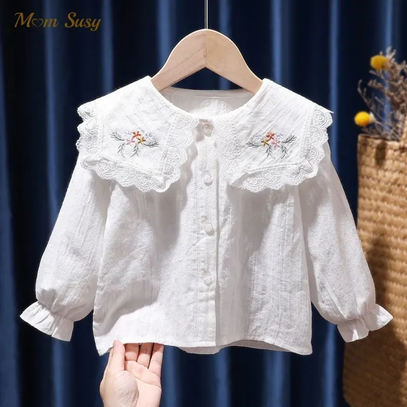 Batterijen babymeisje katoenen shirt lange mouw baby peuter kind afslaan kraag blouses vaste lente herfst zomer baby kleren 17y