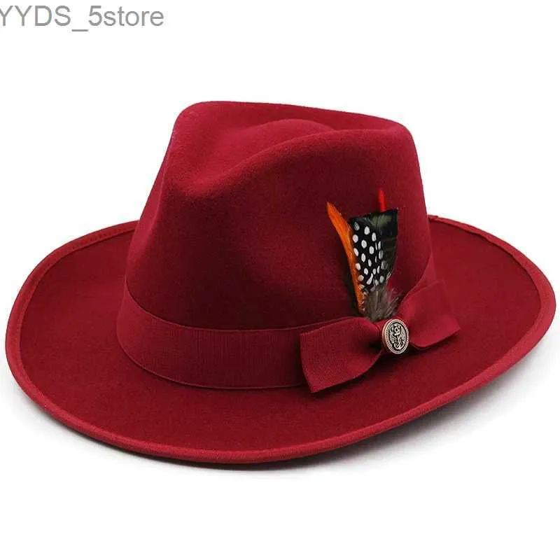 Waste Brim Hats Bucket Womens Wool Vintage Trial di Fedora Cappello con Feather Lamugh di banda Gentleman Elegant Womens Church Jazz YQ240407