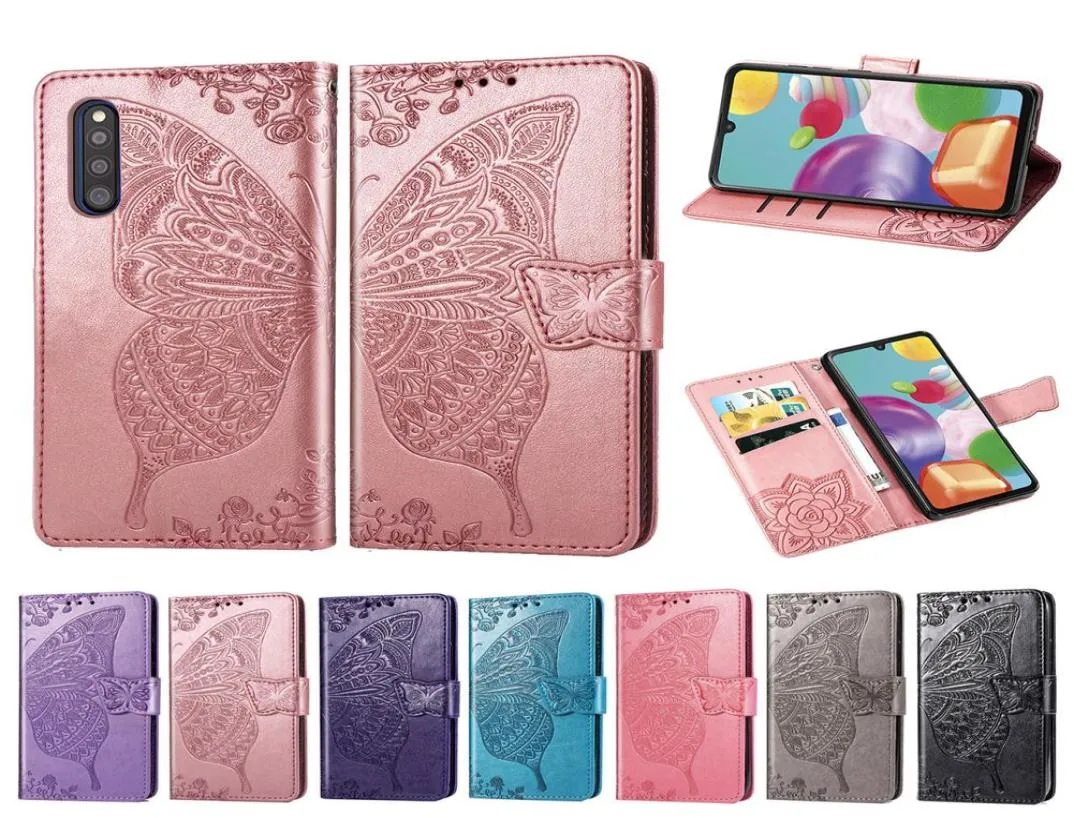 Case de téléphone de portefeuille pour Samsung Galaxy A41 Butfly de fleur en cuir PU à poussière PU avec machine à main de boucle magnétique Slots de carte Modèle 7687008