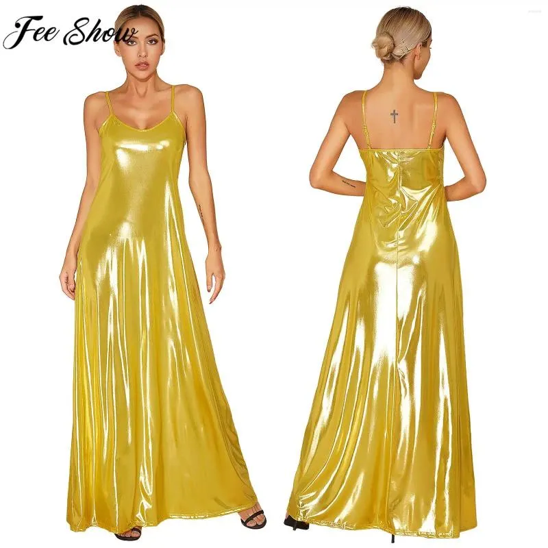 Casual Dresses Womens Metallic Shiny Slany Dress Sleeveless Backless Maxi Wedding Birthday Party Prom Evening Dating Club Cocktail Gown