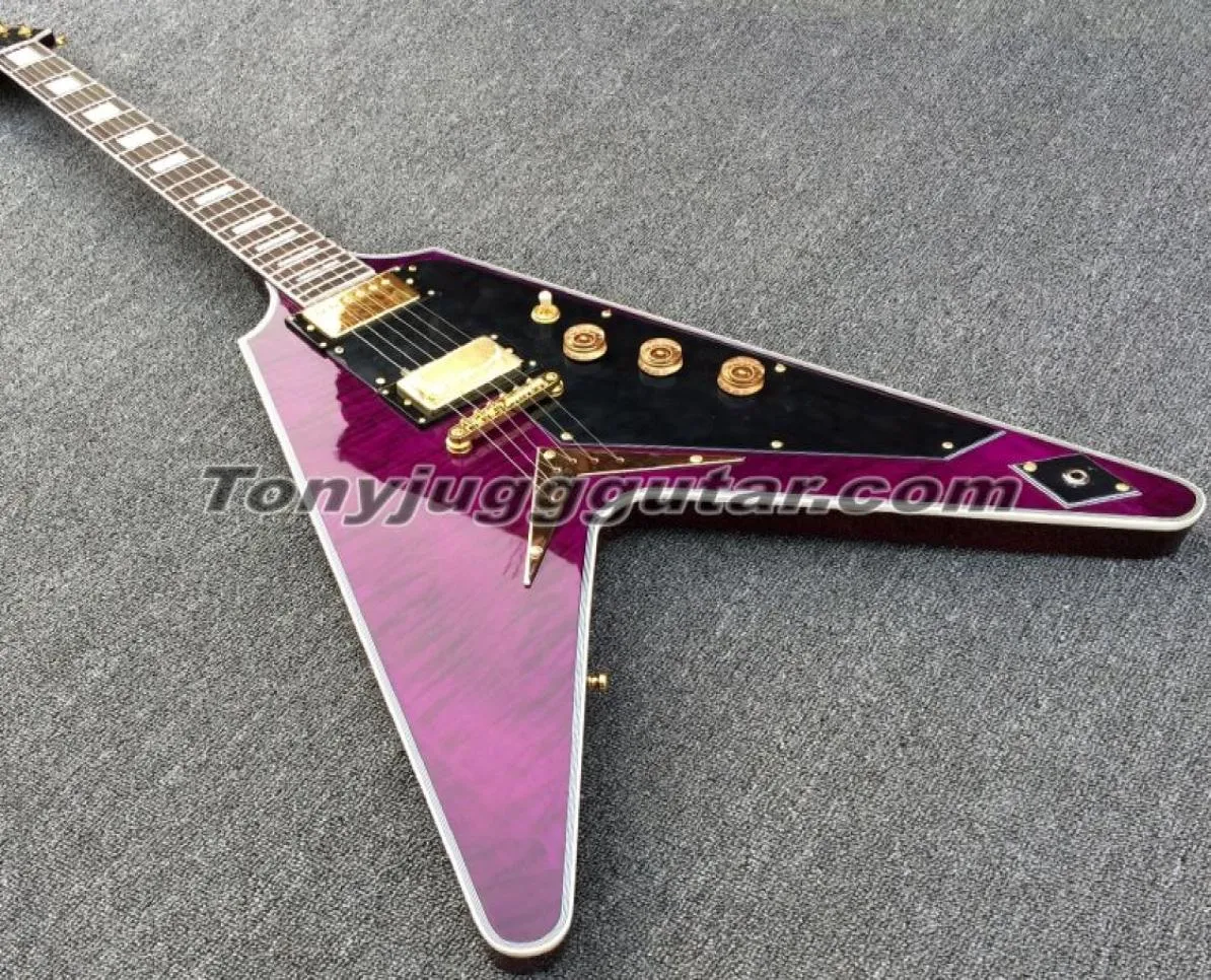 Purple Flame Maple Top Flying V E -Gitarrenschnur durch Body Bridge Schwarze Pickguard Gold Hardware White Mop Block Inlay7273036