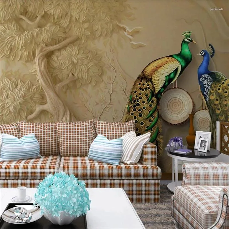 Wallpapers Wellyu Custom Wallpaper 3D Stereo Po Murals Embossed Big Tree Peacock Background Wall Painting Papel De Parede