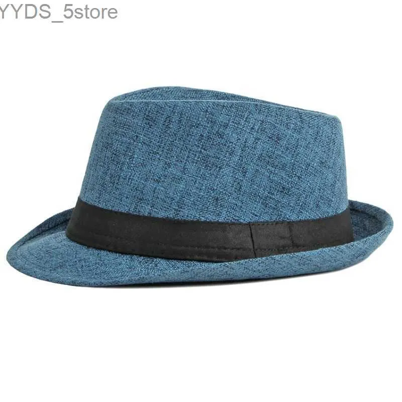 Шляпа шляпы широких краев ведро ht4052 Мужская шляпа весна/лето федерас черная группа джазовая мода Trilby Fedora Destabletry Cotton Linen Yq240407