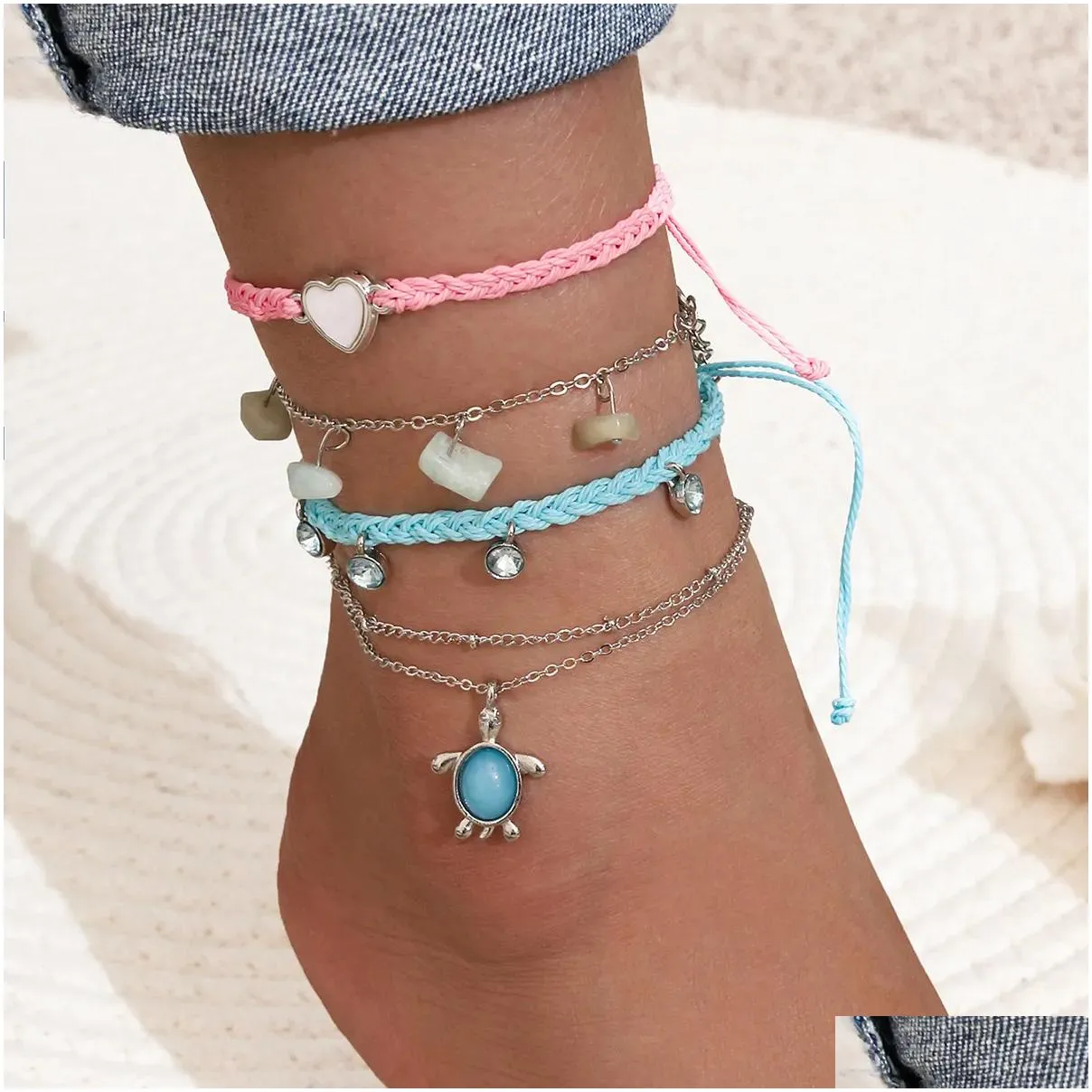 Fußkettchen handgewebtes blau rosa Liebe Fuß Seil natürliche Kiesschildkröte Künstliche Kristall Quastenkette 4-teilige Set-Drop-Lieferung Schmuck DH9KG