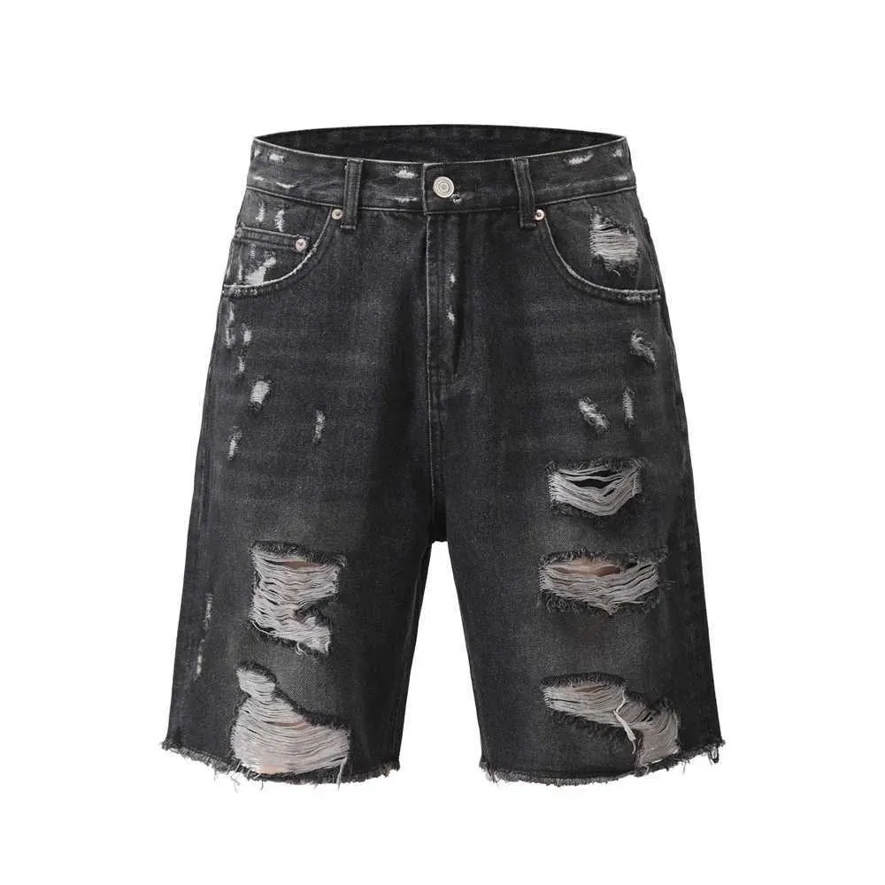 Mäns shorts groda drift amerikansk stil retro rap löst hål blixtlås rakt sommar enkla trendbyxor jeans kvinnor tvättbara j240407