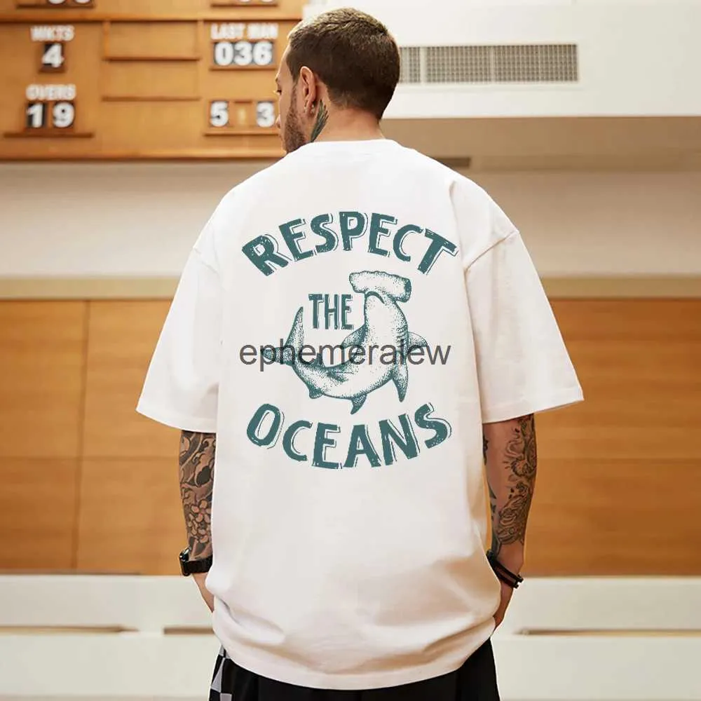 Men's T-Shirts Respect The Oceans Print Mens Cotton Tee Clothing Creativity Vintage Casual Short Sleeve Oversize Breathable O-Neck Man H240407