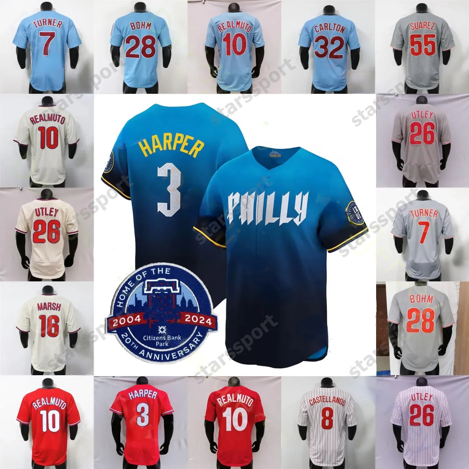 2024 City Connect 20th Patch Jersey Harper Trea Turner J. T. Realmuto Ranger Suarez Alec Bohm Kyle Schwarber Bryson Stott Chase Utley Nick Castellanos Brandon Marsh