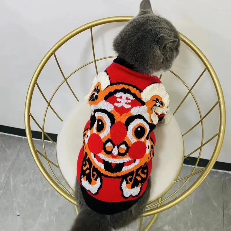 Dog Apparel Pet Tiger Sweater Cat Head Tassel Red Festive Year Warm Knit Clothes Puppy