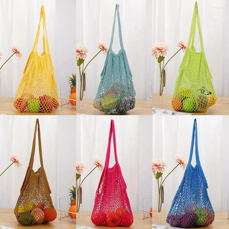 Shopping Bags Solid Long Handle Net Tote Reusable Bag Fruit Vegetable Woven Cotton Mesh Washable String Handbag