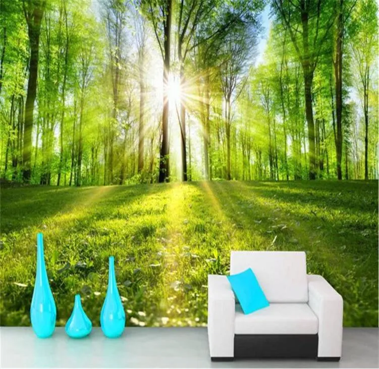 Anpassad väggmålning Sunshine Forest Nature Landscape Wall Painting Living Room TV Bakgrund Väggpapper Hemdekor Bakgrund242490891