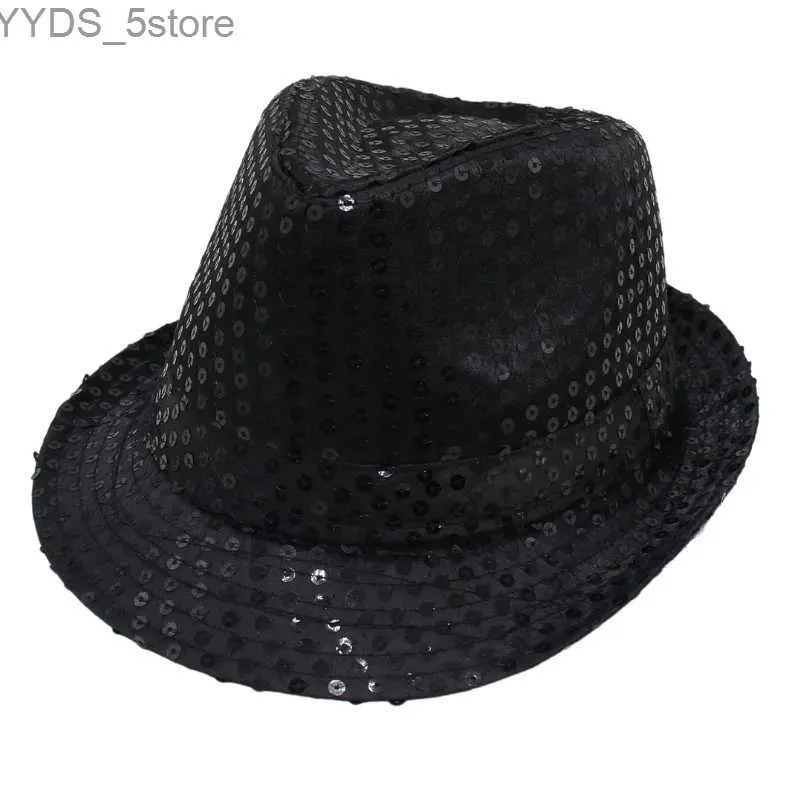 Chapéus largos Balde Bucket Sparkling Decoração de lantejoulas Fedora Hat Stage Dance Dança Desempenhação de Festas de Festas do Férias Mensagens Mens de Jazz Jazz Top YQ240407