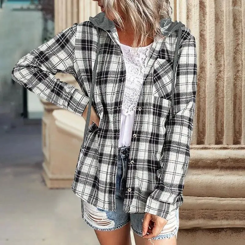 Women's Blouses Women Shirt Coat Classic Plaid Print Long Sleeve Single-breasted Cardigan Patch Pocket Drawstring Hooded Sweatshirt