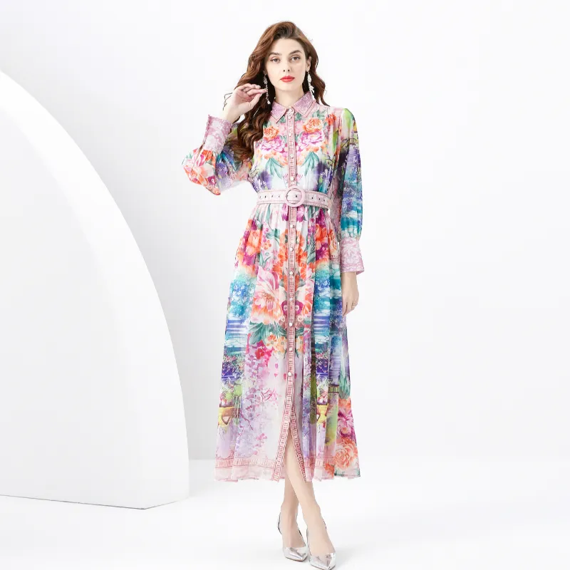 Linda Maxi Flower Cocktail Cardigan Dress Designer Women Button Blood Slave Slave Dresses Stand Collar Ladies Belt Belt Casual Party Beach Resort Roupes Roupas