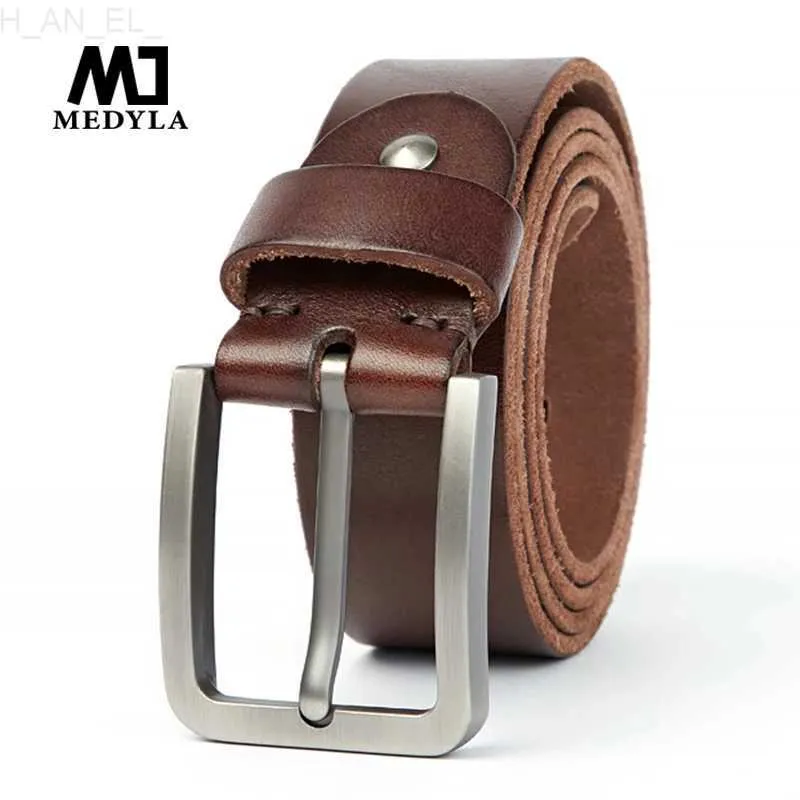 Bälten Medyla Natural Leather Mens Belt gjord av högkvalitativt material Hårt stålspänne Original läderbälte Lämpligt för jeans och avslappnad byxor C240407