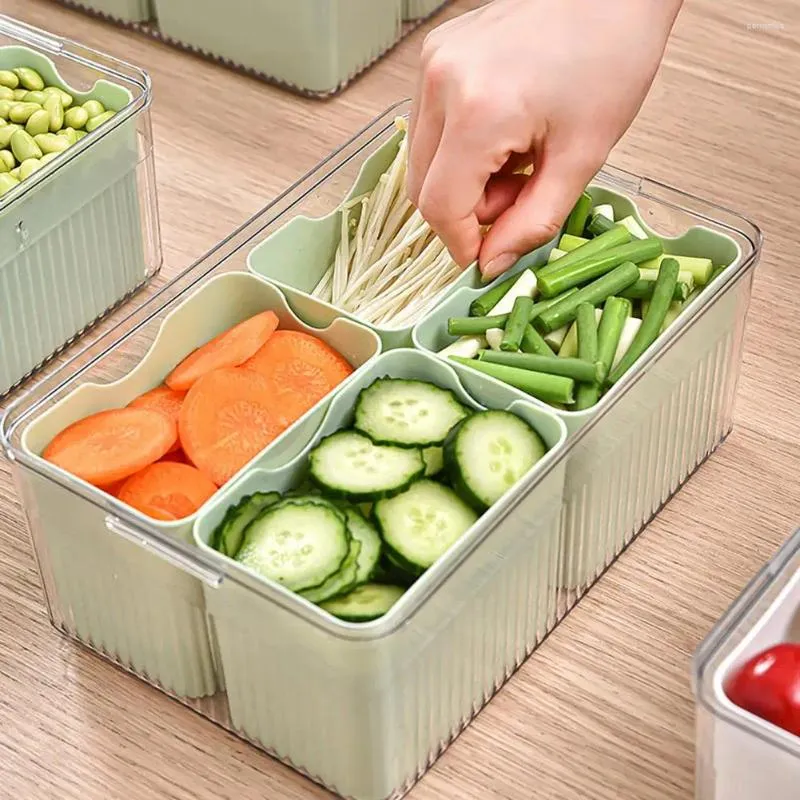 Bouteille de rangement Boîte de réfrigérateur avec 4 poubelles détachables couvercle transparent Rectangle Fridge Vegetables Fruits Organisateur Holder Food Container