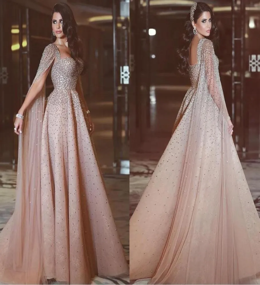 Sparkly Sequins Beaded Evening Dresses with Sleeves Backless Blush Tulle ALine Lace Evening Gowns Custom Made Arabic Prom Dress8630209