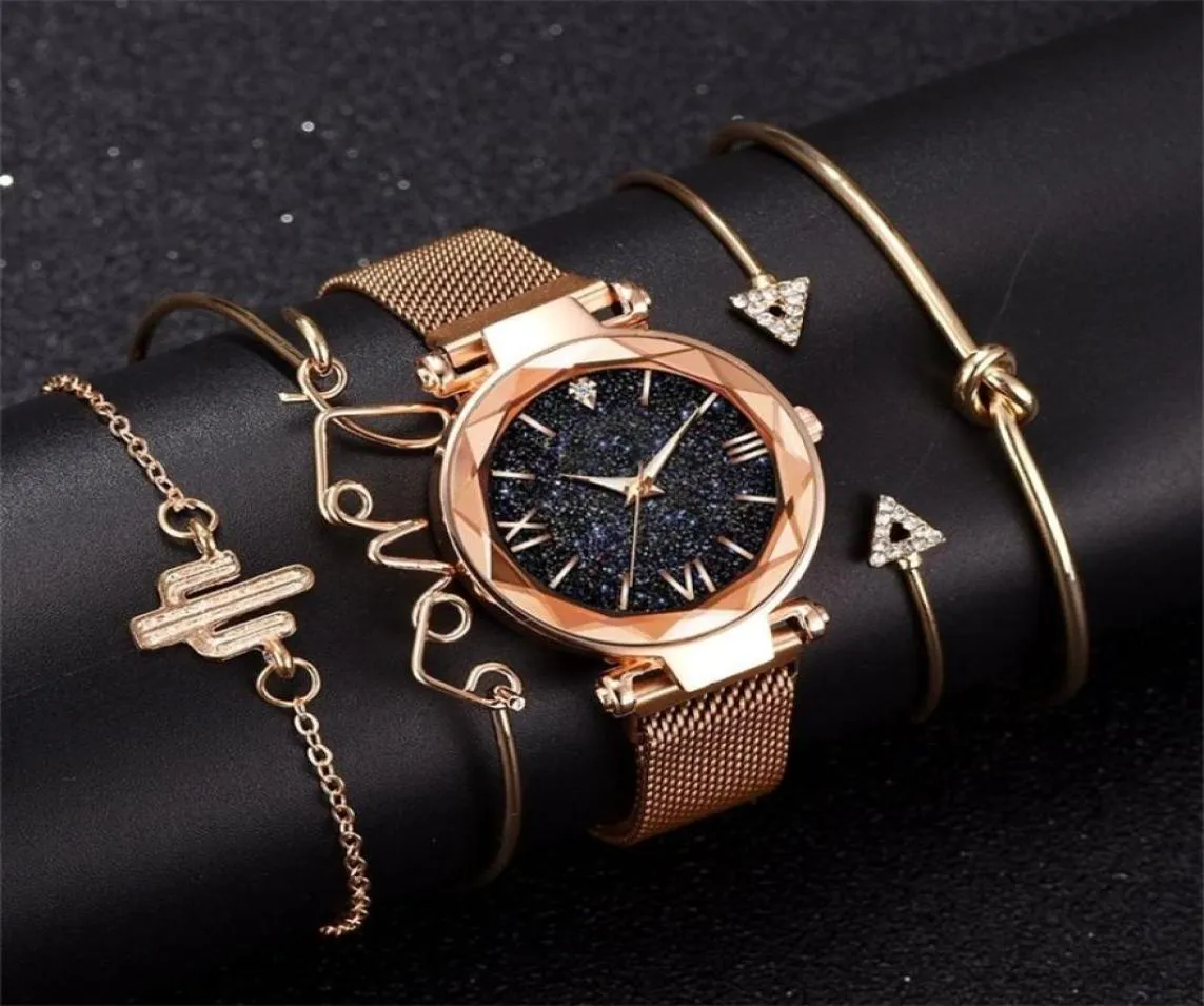 Bracelet de mode Montres Femmes 5 PCS Set Luxury Rose Gold Lady Watchs Starry Sky Magnet Boucle Cadeau Gift Femed 2012043448029