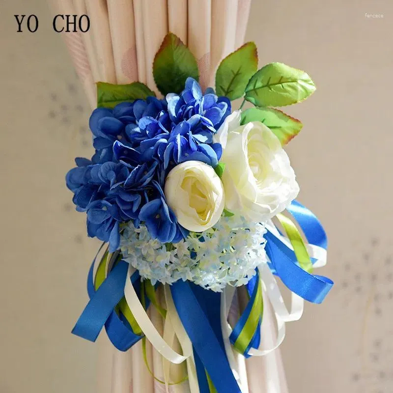 Wedding Flowers YO CHO Bouquet Silk Ribbon Hydrangea Peony Blue Pink Red Flower Decoration Marriage Supplies Home Decor