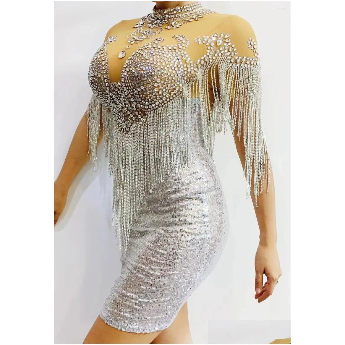 Sahne Giyim y Sier püskül parlayan kristal rhinestones fermuar kadınlar elbise akşam partisi doğum günü kulübü dansçı damla teslimat giyim dhmac