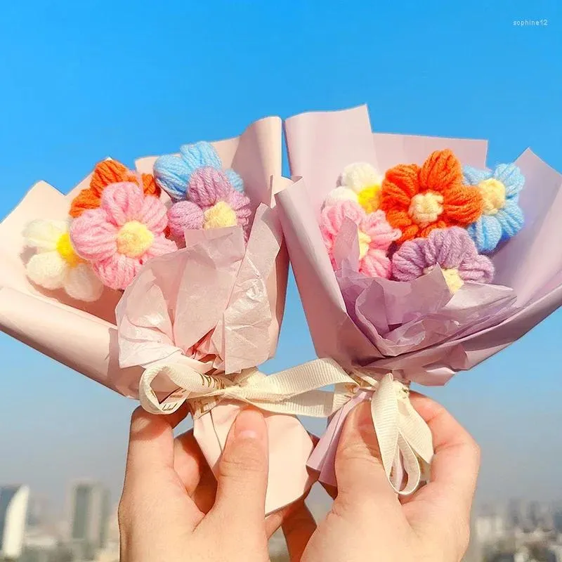 Dekorative Blumen Mini Häkeln handgefertigte Blumensträuße Hochzeitsgeschenk für Gast Bunte künstliche Lehrer -Tag Flores