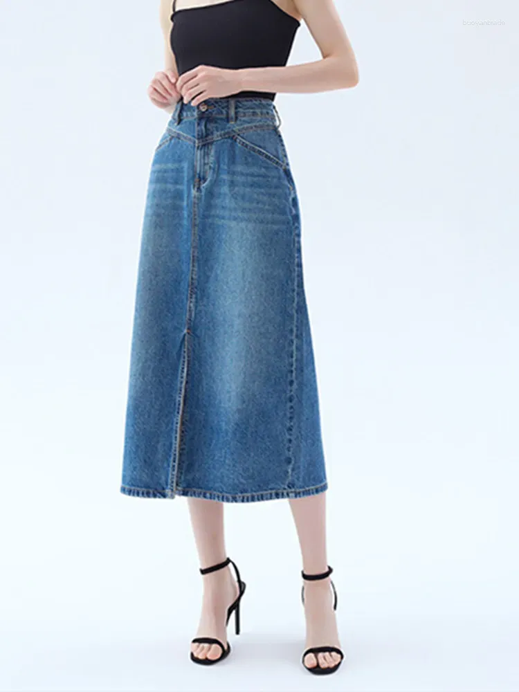 Röcke Frontschlitz Denim Midi Rock Frauen hohe Taille Vintage Baumwolle weibliche Mode Jupe 2024 Frühling