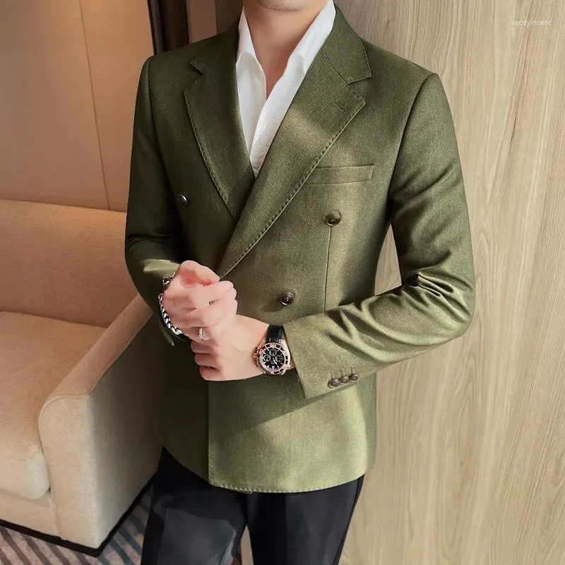 Men's Suits British Style Solid Color Blazer 2024 Spring Double Breasted Slim Casual Business Dress Coats Tops Trend Social Streetwear