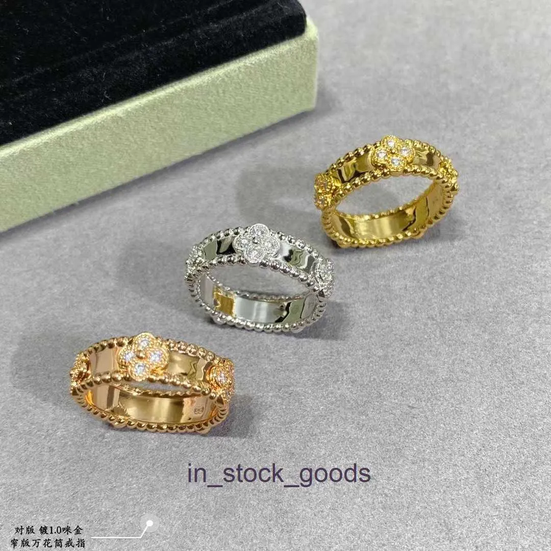 High End Designer Rings Venclef Kaleidoscope Ring Womens Pure Silver Plated 18k Gold smal klöver Full Diamond Poymer Par Handstycke Original 1: 1 med logotyp