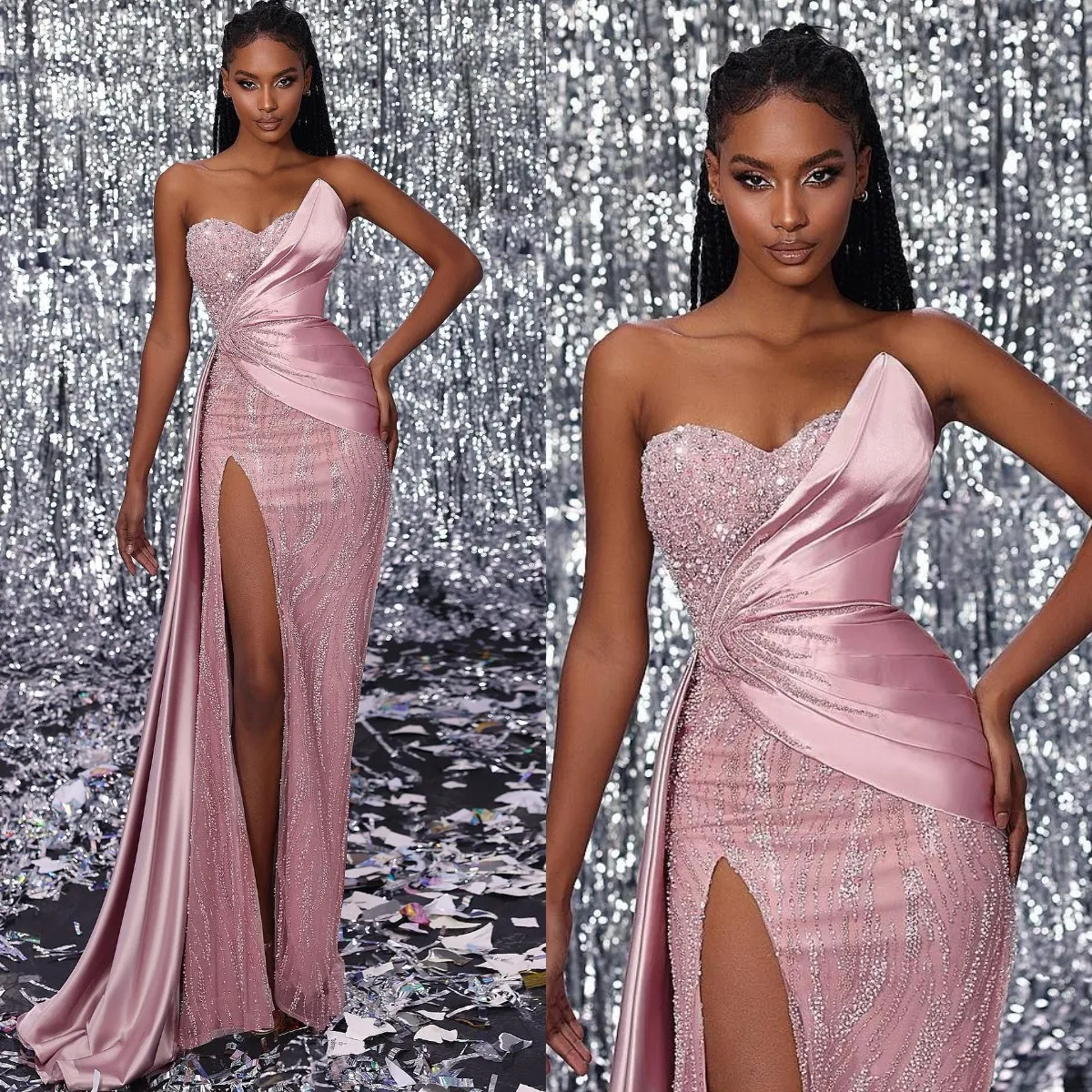 Underbara rosa aftonklänningar Eleganta paljetter Pärlor Sweetheart Party Prom Dress veck med lår delade formella klänningar för kvinnor