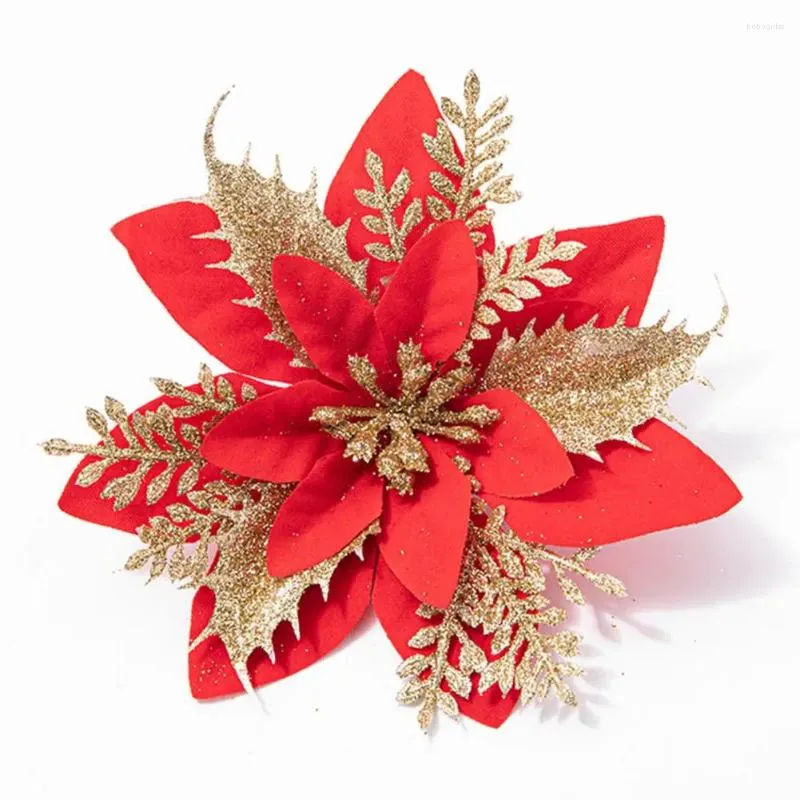 Fleurs décoratives 10pcs / set Noël paillettes de fleurs artificielles feuilles en couleurs argentées en couleur rouge dorée en couleur