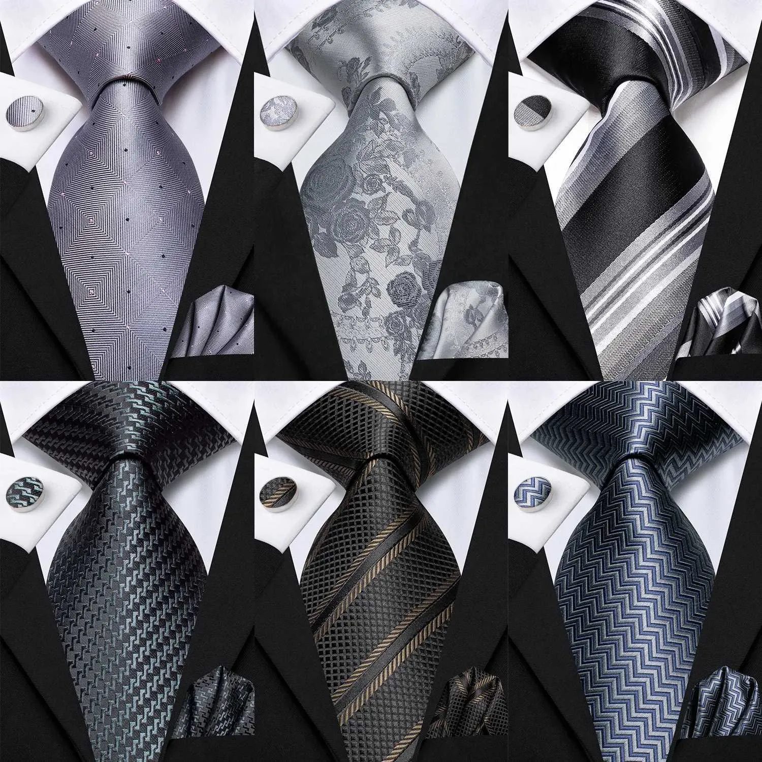 ترابط الرقبة HI TIE New Smoke Gray Silk Tie Mens Nelegant Mens Necklace Pocket Cufflinks Groom Association Weddingale Designer C240412