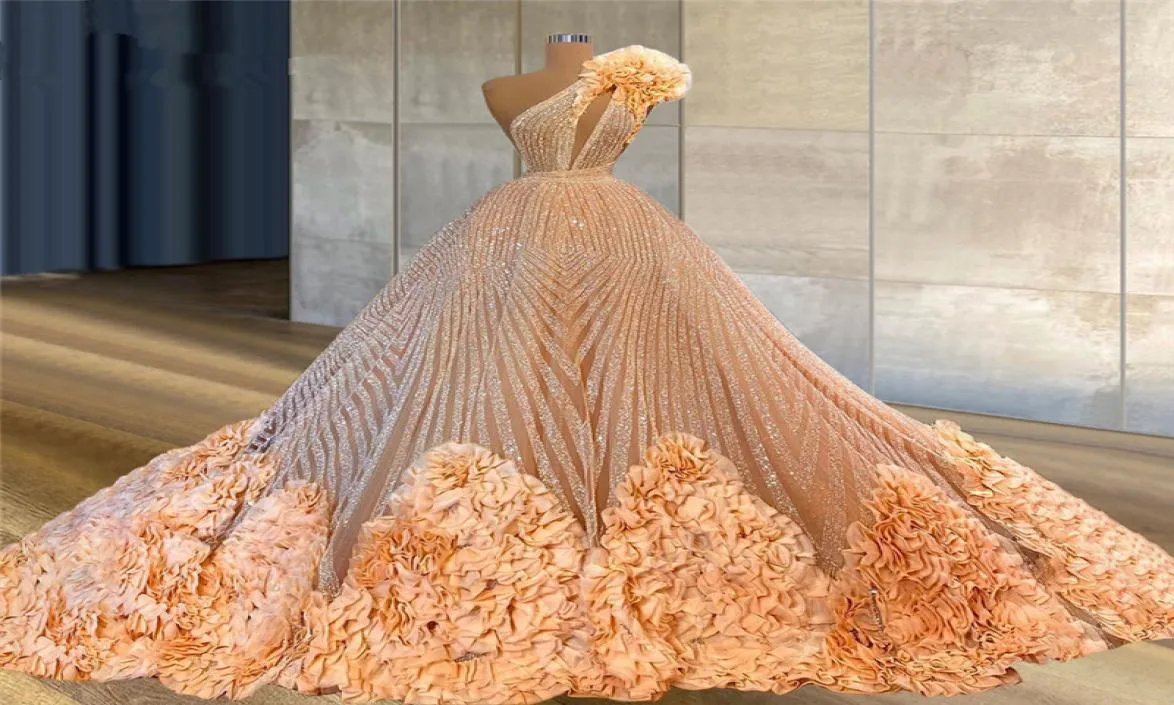 Luxury Champagne Prom Dresses One Shoulder Gorgeous Ruffles Bling Sequins Evening Dress Couture Dubai Arabic Celebrity Gowns Vesti8768207