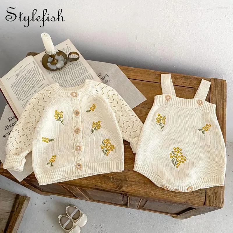 Clothing Sets Spring Baby Girl's Treasure Embroidered Hollow Long Sleeved Knitted Coat Flower Romper 2 Pieces Can Be Sorted