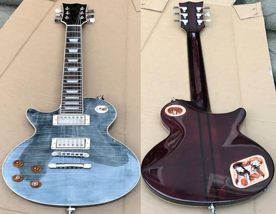 Yüksek kaliteli elektro gitar kalite gitarlar boyundan beden LP gitarlar yükseltilmiş kalite hardwares katı falmed akçaağaç gövdesi1544150