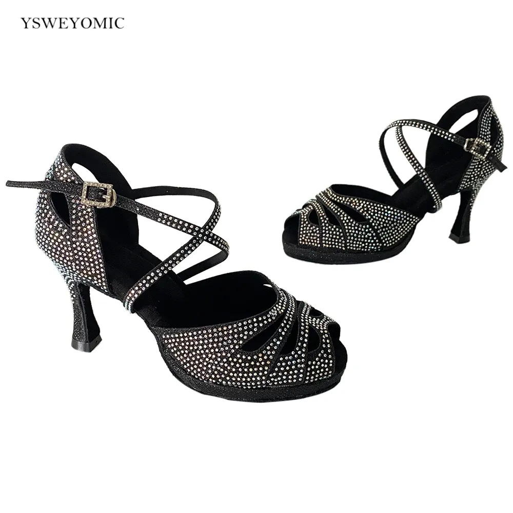 shoes YSWEYOMICE Black Platform Shiny Dance Shoes With Rhinestones High Heels 9cm Indoor Latin Ballroom Dancing Shoes For Women